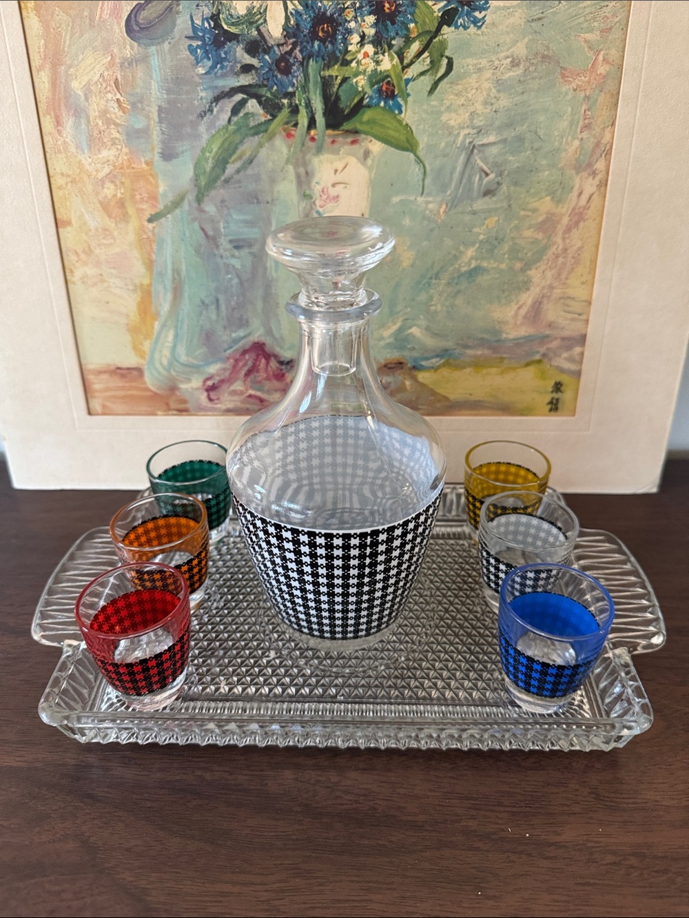 Vintage 1970s French Houndstooth Glass Decanter & 6 Multi-Color Shot Glasses Set